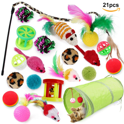 Ultimate 21-Piece Cat Toy Set for Kittens - Interactive Tunnels, Teasers, and Crinkle Balls for Endless Fun!